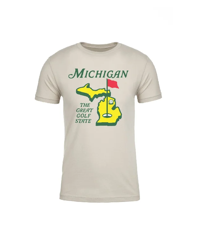 Men's button - front t - shirts with a unique artistic printThe Great Lakes State - Michigan the Great Golf State T-Shirt - Sand Men's button - front t - shirts with a unique artistic printThe Great Lakes State - Michigan the Great Golf State T-Shirt - Sand