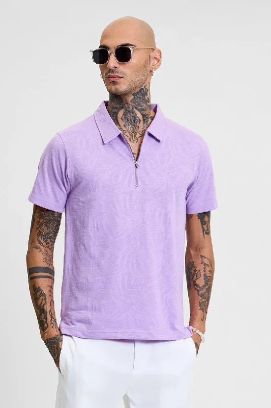 Men's formal - style silk blend polo shirts for special occasionsLavender Self-Design Zipper Polo T-Shirt Men's formal - style silk blend polo shirts for special occasionsLavender Self-Design Zipper Polo T-Shirt