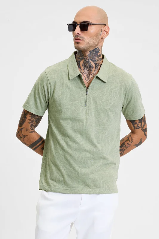 Men's UV - protected polo shirts for outdoor gardeningLight Green Self-Design Zipper Polo T-Shirt Men's UV - protected polo shirts for outdoor gardeningLight Green Self-Design Zipper Polo T-Shirt