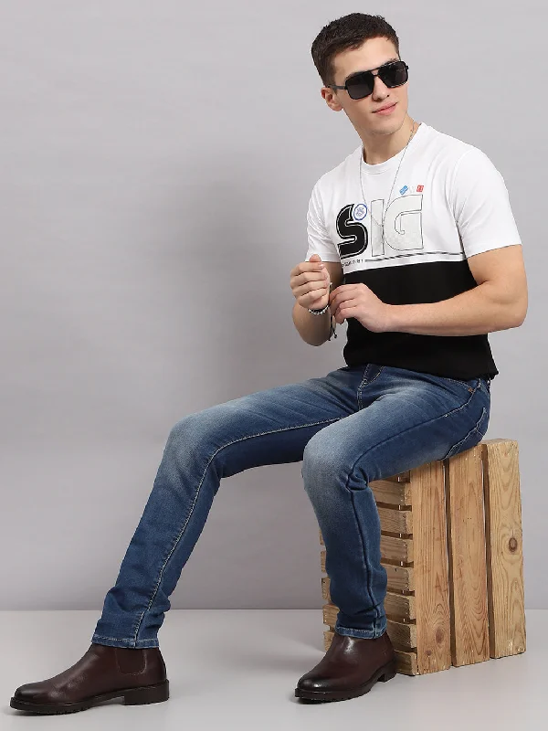 Men's distressed denim - look t - shirts with a rugged appealMen Black & White Printed Round Neck Half Sleeve T-Shirt Men's distressed denim - look t - shirts with a rugged appealMen Black & White Printed Round Neck Half Sleeve T-Shirt