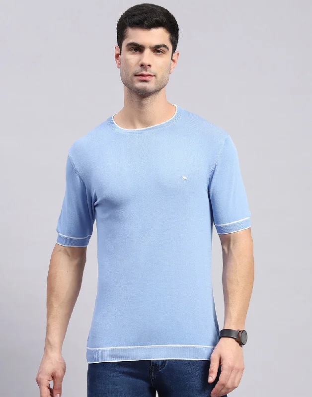Men's printed Hawaiian t - shirts for tropical vacationsMen Blue Solid Round Neck Half Sleeve T-Shirt Men's printed Hawaiian t - shirts for tropical vacationsMen Blue Solid Round Neck Half Sleeve T-Shirt