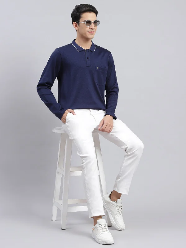 Men's distressed denim - look t - shirts with a rugged appealMen Navy Blue Jaquard Double Mercerized Cotton T-Shirt Men's distressed denim - look t - shirts with a rugged appealMen Navy Blue Jaquard Double Mercerized Cotton T-Shirt