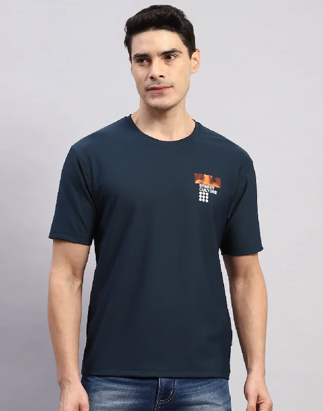 Men's moisture - wicking athletic t - shirts for intense workoutsMen Navy Blue Printed Round Neck Half Sleeve T-Shirt Men's moisture - wicking athletic t - shirts for intense workoutsMen Navy Blue Printed Round Neck Half Sleeve T-Shirt