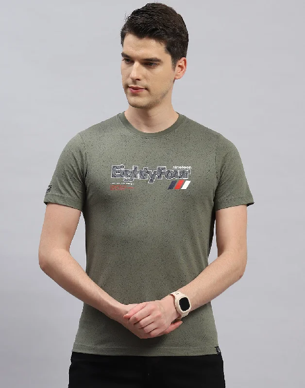 Men's distressed denim - look t - shirts with a rugged appealMen Olive Printed Round Neck Half Sleeve T-Shirt Men's distressed denim - look t - shirts with a rugged appealMen Olive Printed Round Neck Half Sleeve T-Shirt