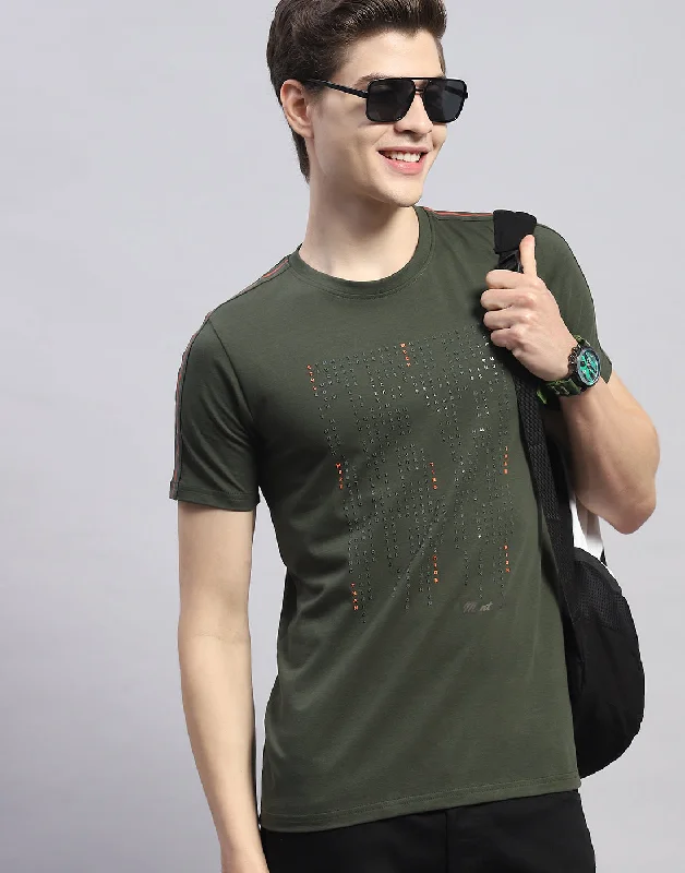 Men's slim - fit graphic t - shirts with vintage rock band printsMen Olive Printed Round Neck Half Sleeve T-Shirt Men's slim - fit graphic t - shirts with vintage rock band printsMen Olive Printed Round Neck Half Sleeve T-Shirt