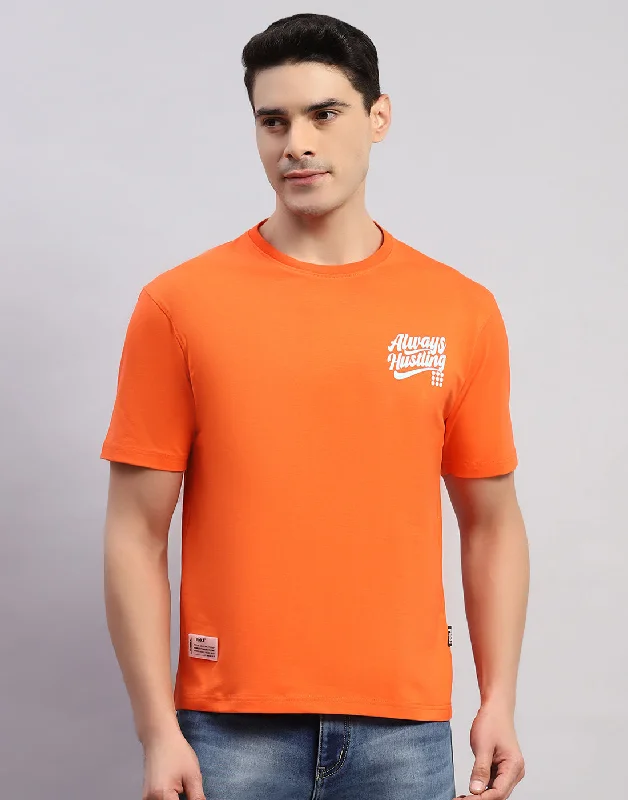 Men's lightweight performance t - shirts for running marathonsMen Orange Printed Round Neck Half Sleeve T-Shirt Men's lightweight performance t - shirts for running marathonsMen Orange Printed Round Neck Half Sleeve T-Shirt