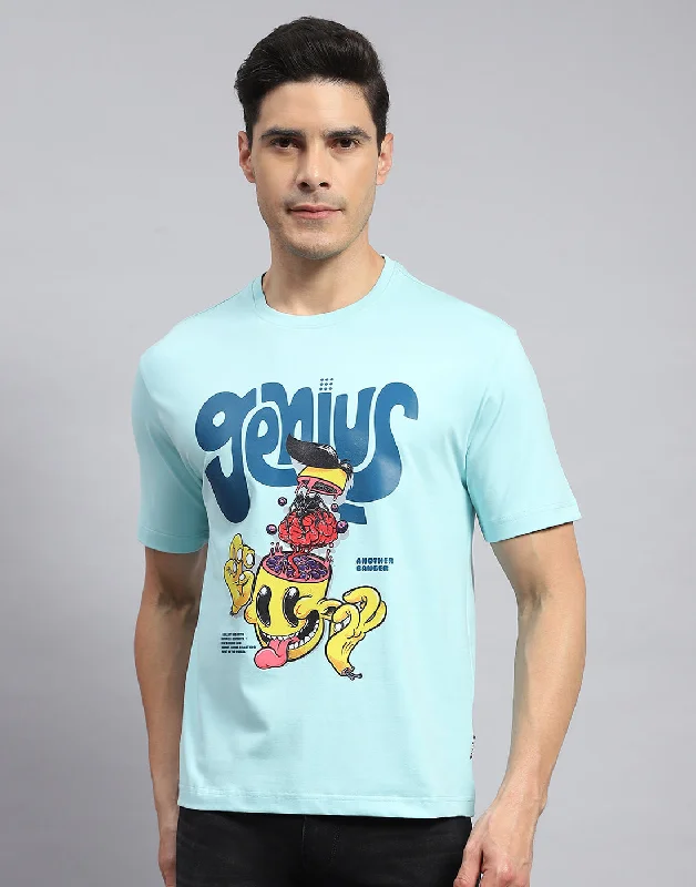 Men's button - front t - shirts with a unique artistic printMen Turquoise Blue Printed Round Neck Half Sleeve T-Shirt Men's button - front t - shirts with a unique artistic printMen Turquoise Blue Printed Round Neck Half Sleeve T-Shirt