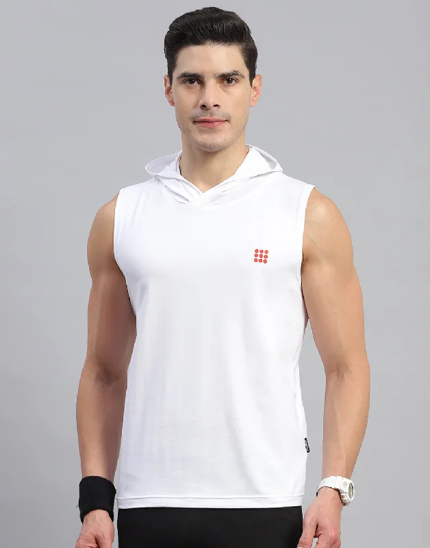 Men's slim - fit graphic t - shirts with vintage rock band printsMen White Solid Hooded Sleeveless T-Shirt Men's slim - fit graphic t - shirts with vintage rock band printsMen White Solid Hooded Sleeveless T-Shirt