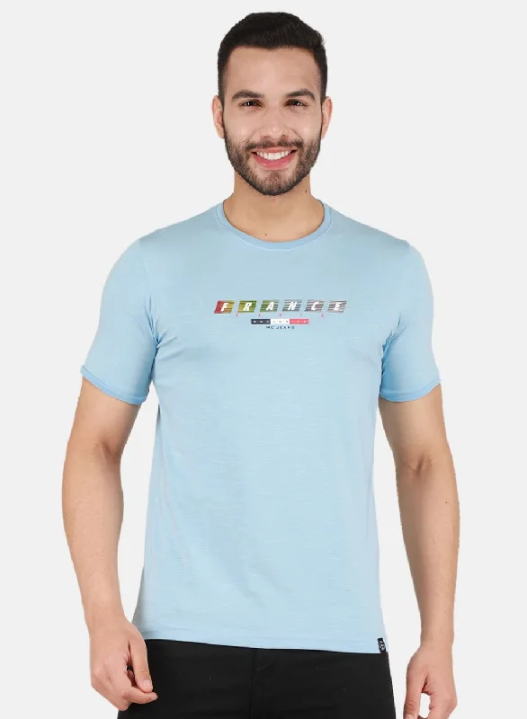 Men's distressed denim - look t - shirts with a rugged appealMen Blue Printed T-Shirt Men's distressed denim - look t - shirts with a rugged appealMen Blue Printed T-Shirt