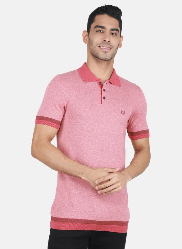 Men's mock - neck t - shirts with a modern and sleek styleMen Light Red Self Design T-Shirt Men's mock - neck t - shirts with a modern and sleek styleMen Light Red Self Design T-Shirt