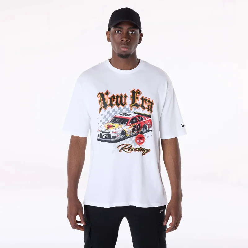 Men's slim - fit graphic t - shirts with vintage rock band printsNew Era 1920 Racing White T-Shirt Men's slim - fit graphic t - shirts with vintage rock band printsNew Era 1920 Racing White T-Shirt