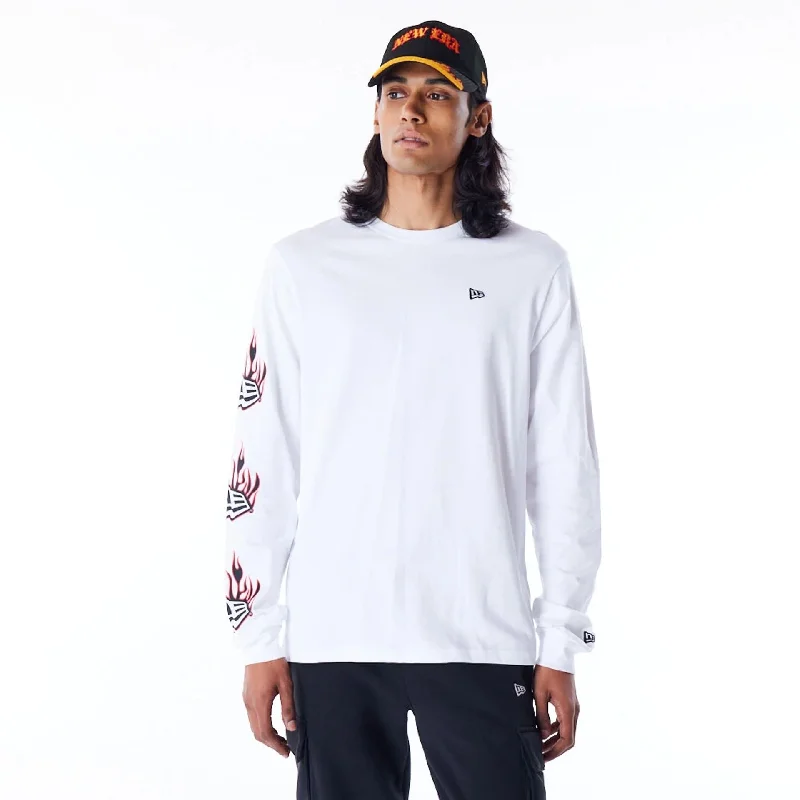 Men's moisture - wicking athletic t - shirts for intense workoutsNew Era Flag Flame White Long Sleeve T-Shirt Men's moisture - wicking athletic t - shirts for intense workoutsNew Era Flag Flame White Long Sleeve T-Shirt