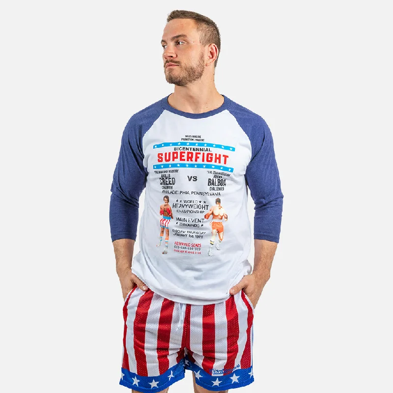 Men's button - front t - shirts with a unique artistic printROCKY SUPER FIGHT POSTER RAGLAN Men's button - front t - shirts with a unique artistic printROCKY SUPER FIGHT POSTER RAGLAN