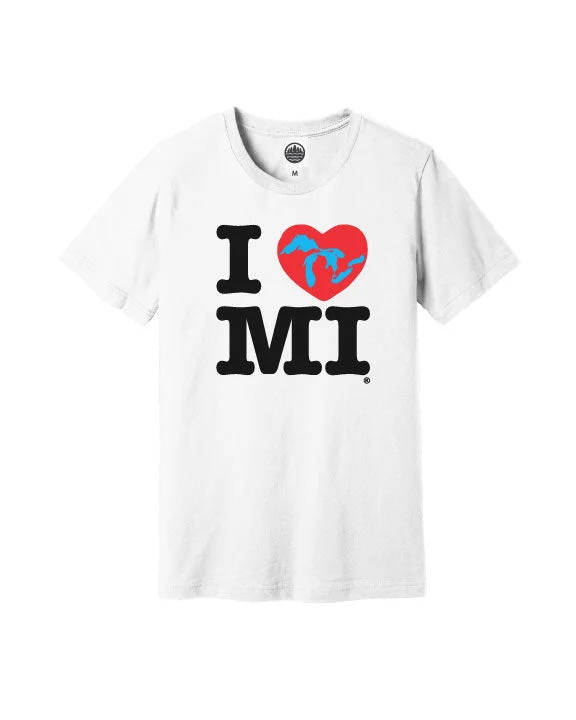 Men's button - front t - shirts with a unique artistic printThe Great Lakes State I Love Michigan T-Shirt - White Men's button - front t - shirts with a unique artistic printThe Great Lakes State I Love Michigan T-Shirt - White