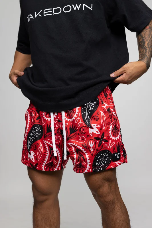 Men's floral print silk blend shorts for a unique night - out look Bandana Mesh Training Short (5" Inseam) - Red Men's floral print silk blend shorts for a unique night - out look Bandana Mesh Training Short (5" Inseam) - Red