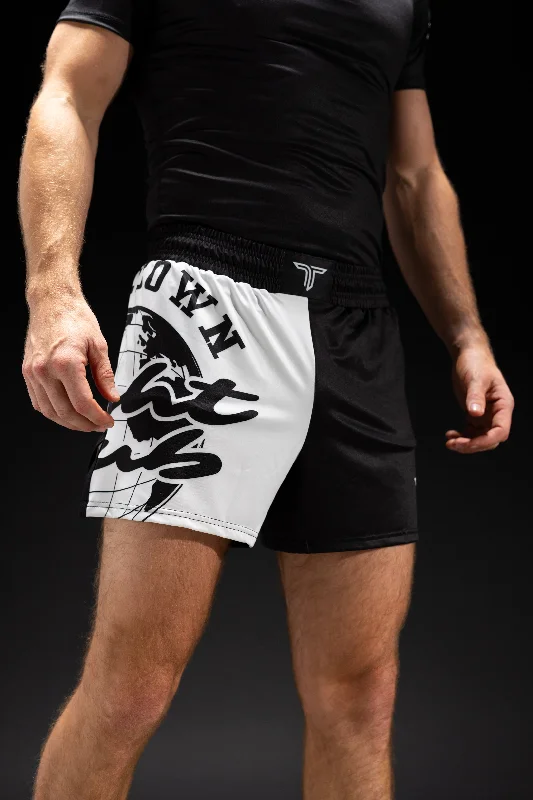 Men's ripped denim shorts for a trendy streetwear aesthetic Fight Club Globe Fight Shorts (5"&7“ Inseam) - Black Men's ripped denim shorts for a trendy streetwear aesthetic Fight Club Globe Fight Shorts (5"&7“ Inseam) - Black