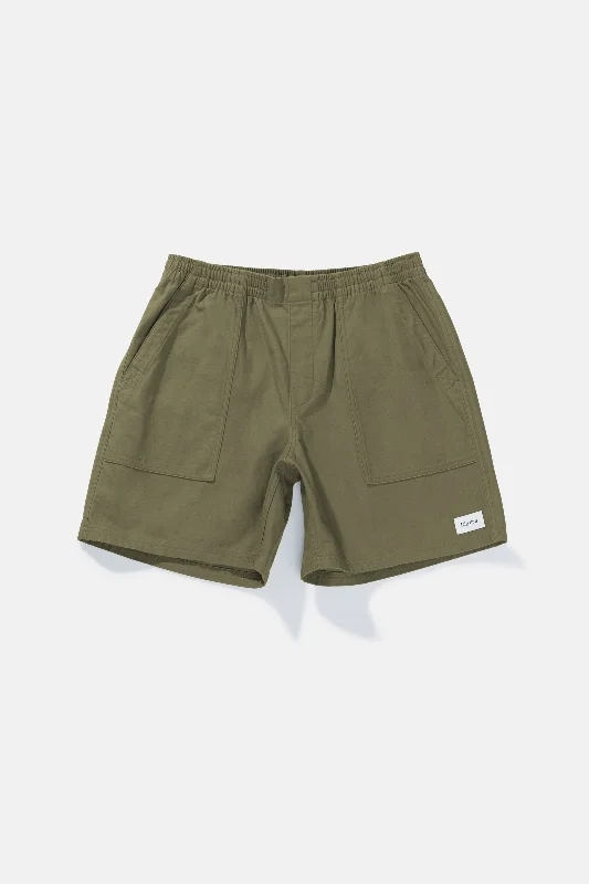 Men's distressed cotton shorts for a bohemian - inspired style   Mod Fatigue Jam Olive
