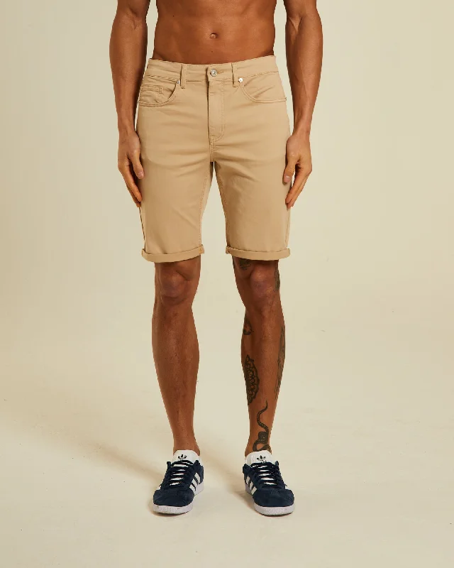 Men's distressed cotton shorts for a bohemian - inspired style   Beck 5 Pocket Short Almond Shell