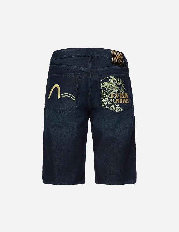 Men's pleated front twill shorts for a classic and sophisticated appearance Ukiyo-E and Seagull Embroidered Denim Shorts Men's pleated front twill shorts for a classic and sophisticated appearance Ukiyo-E and Seagull Embroidered Denim Shorts